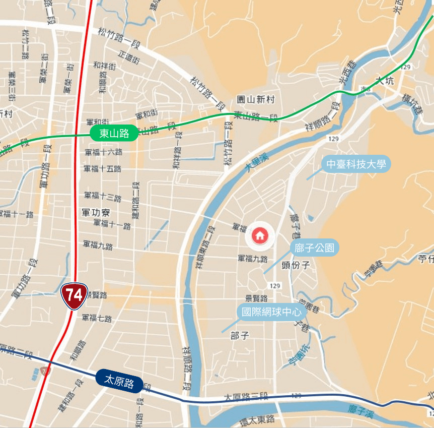 和宜簿子 老人復健綜合醫院、和宜太祥段、和宜建設、和宜軍福十三路、軍福十三路、中臺科技大學、和宜建設軍福十三路