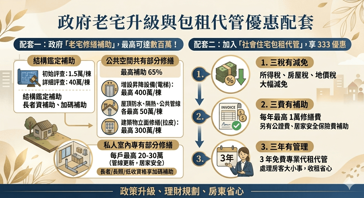 老屋重建、舊屋翻修、房屋修繕補助、包租代管、老屋改建、重建翻修哪個好、老屋重建全案管理、老屋修繕補助申請條件、社會住宅包租代管333、一戶可以重建嗎、資產活化 #全案管理